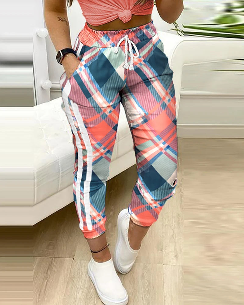 Women Fashion Casual Pants Trousers Colorblock Plaid print Cargo Pants