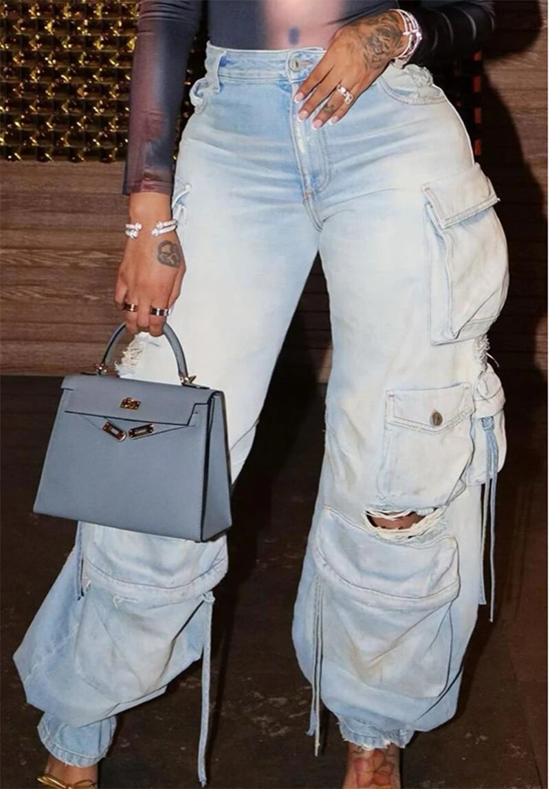 Streetwear Baggy Ripped High Waisted Straight Wide Leg Pants