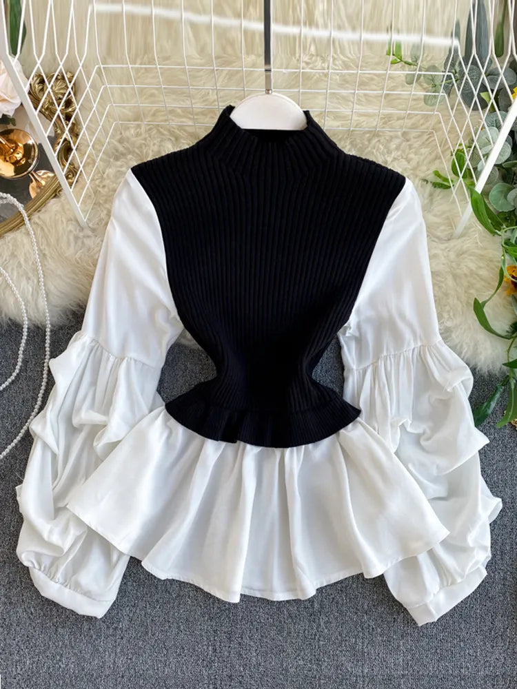 Women's Knit Patchwork Fake Two-Piece Shirt