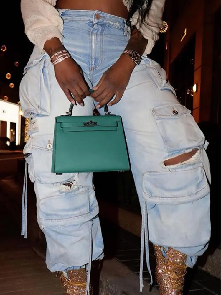 Streetwear Baggy Ripped High Waisted Straight Wide Leg Pants