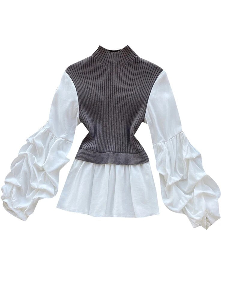 Women's Knit Patchwork Fake Two-Piece Shirt