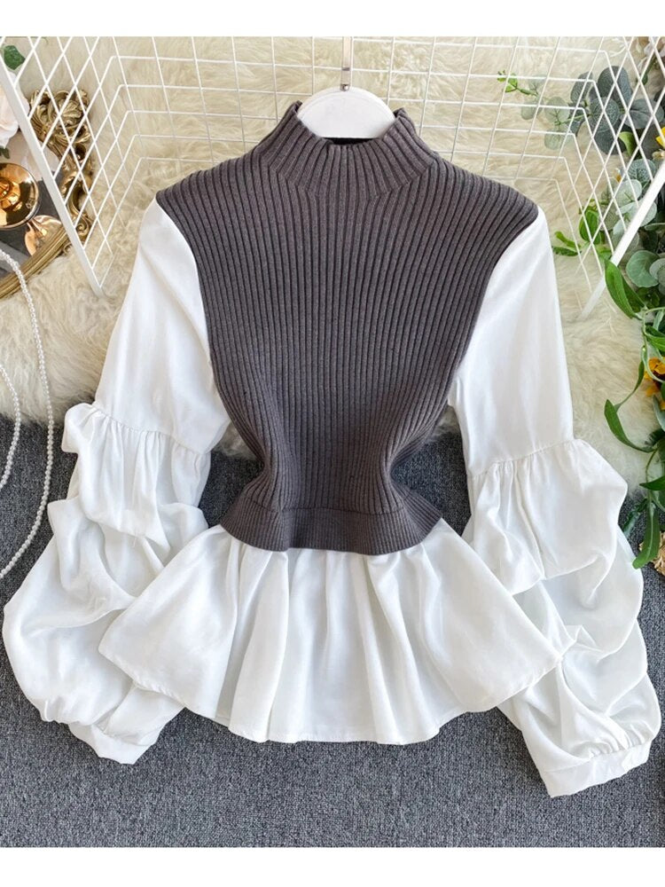Women's Knit Patchwork Fake Two-Piece Shirt
