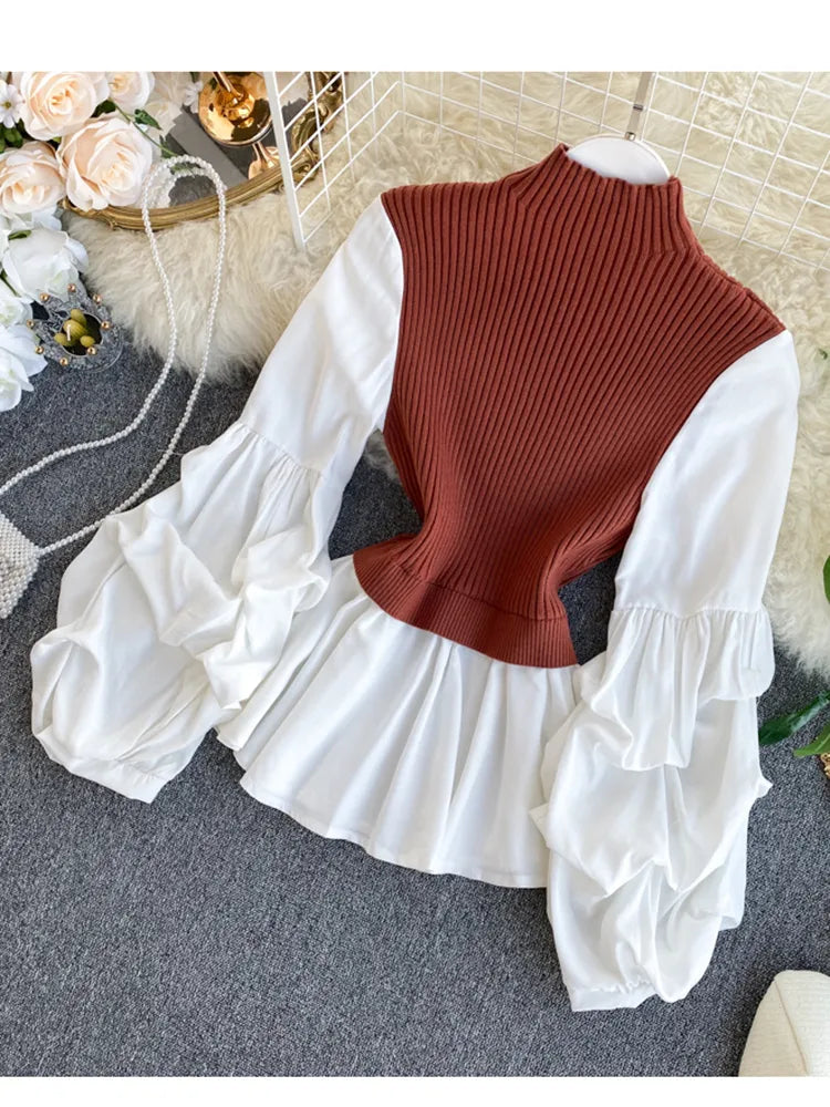 Women's Knit Patchwork Fake Two-Piece Shirt